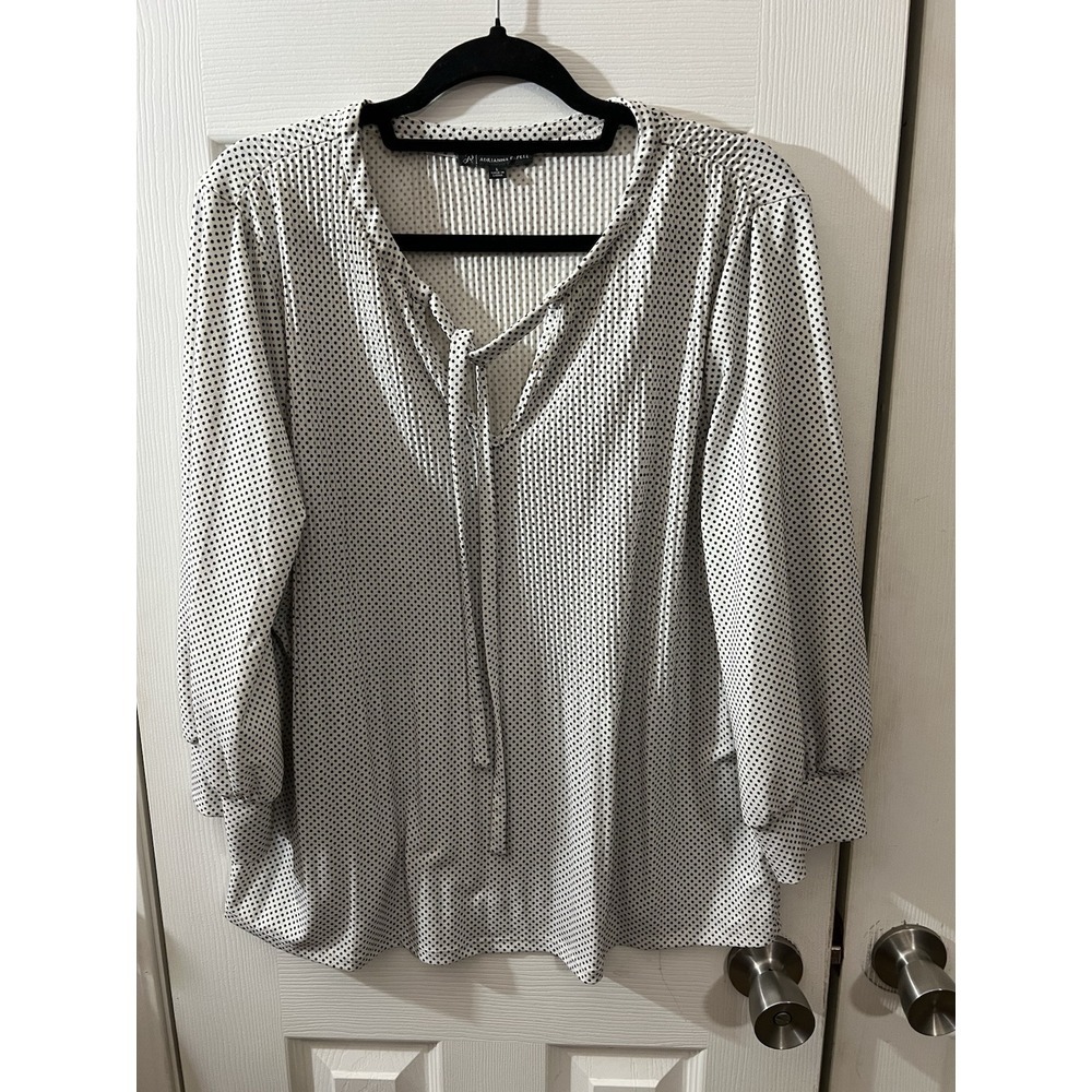 Womens Adrianna Papell Blouse Top White & Black Polka Dot Tie Neck Size Large